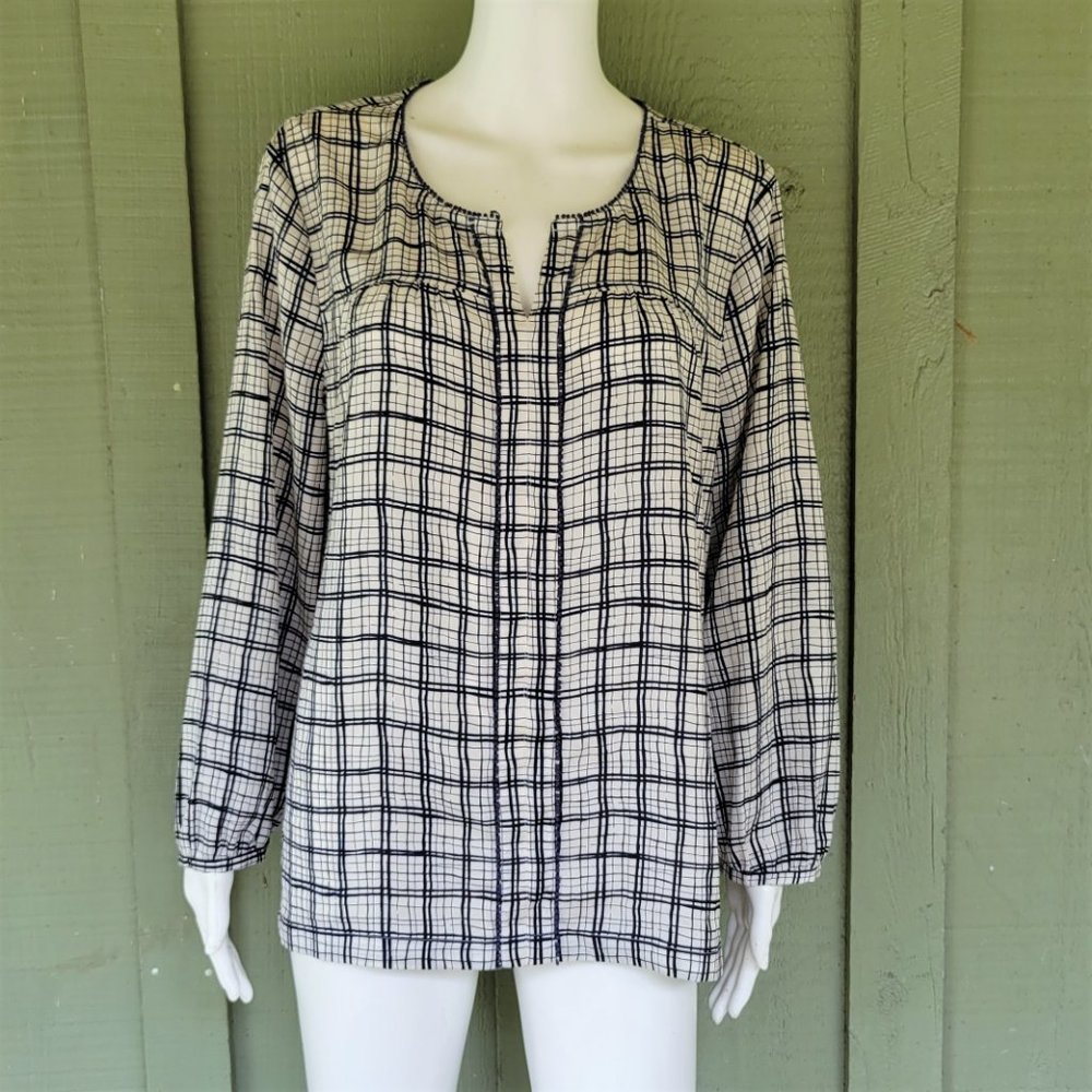 J. CREW Navy White Plaid Printed peasant Tunic Top Large L